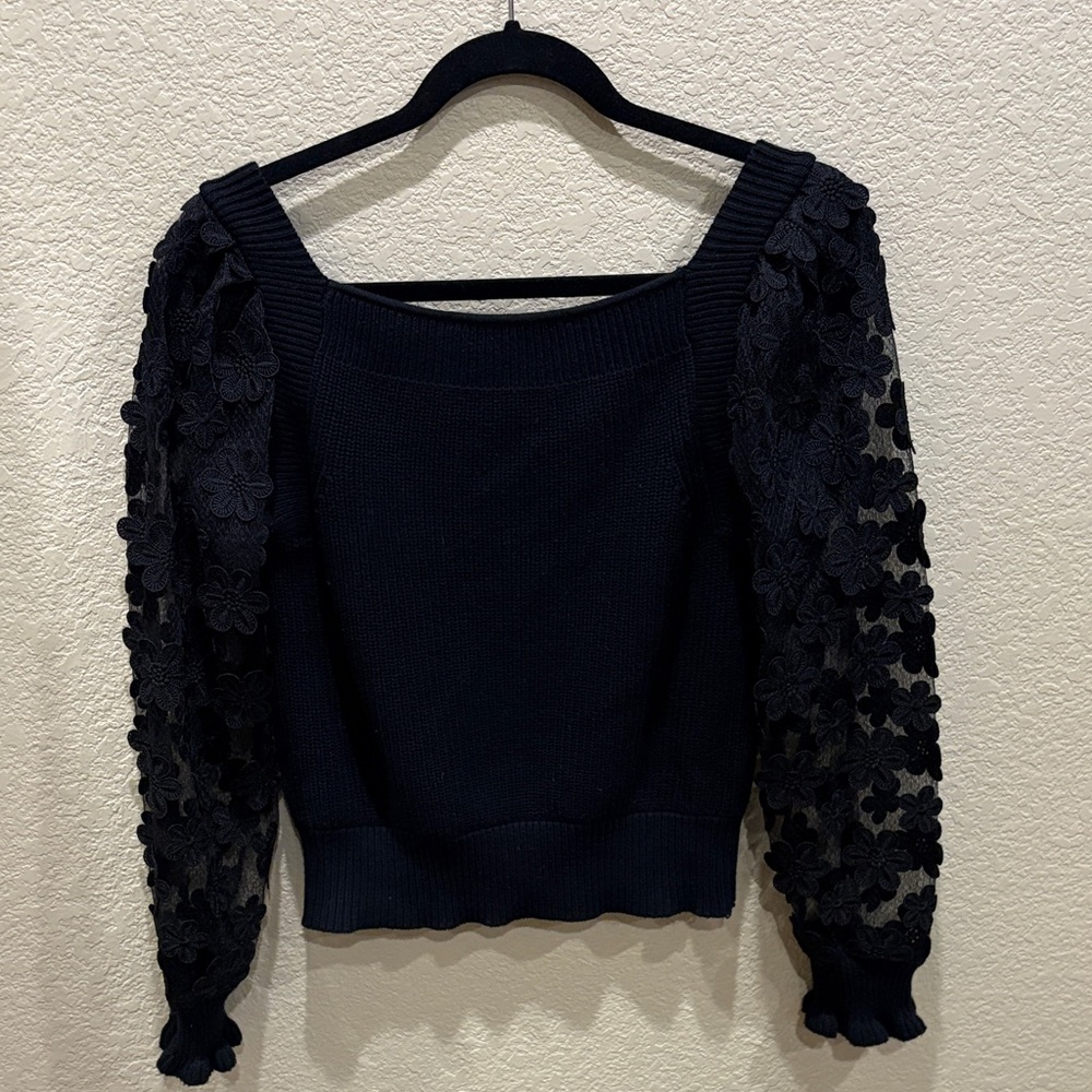 French Connection Black Square-Neck Knit Sweater with Floral Appliqué Sleeves - Picture 3 of 6